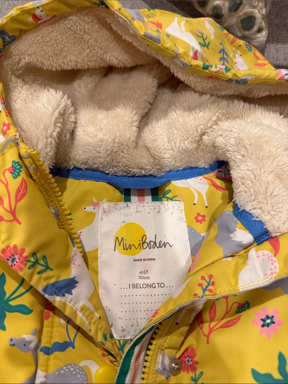 Mini Boden Yellow Hooded Raincoat with Fleece Lining and Animal Print